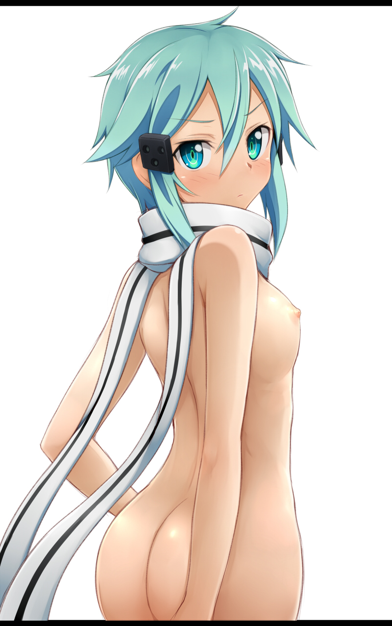 1girl asada_shino ass blue_eyes blue_hair blush breasts high_resolution letterboxed looking_at_viewer looking_back negija nipples nude scarf short_hair sinon_(sao) small_breasts sword_art_online white_background