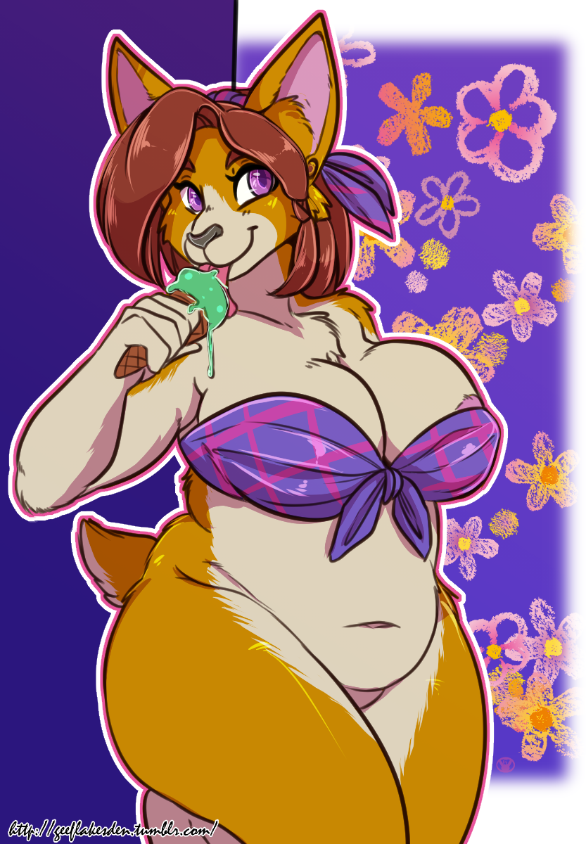 1girl 1girl 2017 anthro areola armpits arnachy big_breasts breasts brown_hair canine cleavage clothed clothing corgi dessert dog food furry hair high_res ice_cream licking mammal navel purple_eyes slightly_chubby tongue tongue_out
