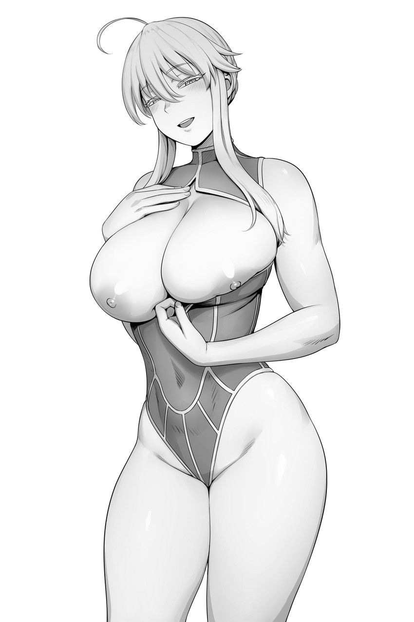 1girl ahoge artoria_pendragon artoria_pendragon_(lancer) big_breasts blonde_hair blush breasts curvy erect_nipples feet_out_of_frame greyscale hands_on_breasts hourglass_figure looking_at_viewer lvl_(sentrythe2310) naughty_look navel nipples open_mouth showing_breasts smile solo_female swimsuit thighs unzipped white_background