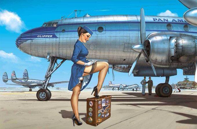 airplane clothed flight_attendant gloves high_heels legs raised_leg raised_skirt stewardess stockings uniform