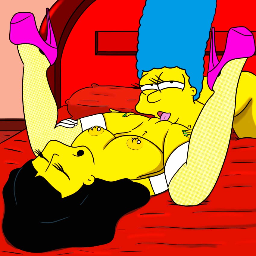 blue_hair breasts erect_nipples high_heels jessica_lovejoy lesbian_sex marge_simpson nipple_piercing orgasm_face pussylicking shaved_pussy spread_legs stockings the_simpsons thighs yellow_skin yuri