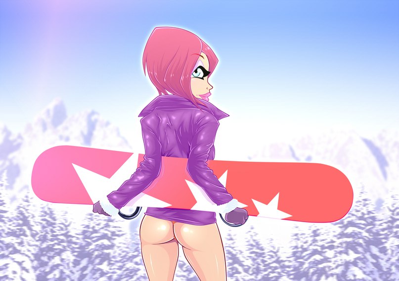 1girl ass female female_only looking_at_viewer looking_back looking_over_shoulder panties partially_clothed short_hair snowboard solo standing tecna winx_club zfive
