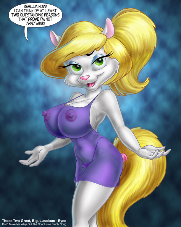 1girl 1girl animaniacs anthro areola armpits ass babydoll big_breasts blonde_hair breasts cleavage clothed clothing dialogue doug_winger erect_nipples furry green_eyes hair huge_breasts lingerie long_hair looking_at_viewer mammal mink mustelid navel nipples open_mouth panties ponytail pose puffy_nipples smile standing translucent underwear warner_brothers