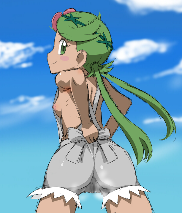 ass blush cloud flower green_eyes green_hair hair_flower looking_at_viewer looking_back mallow mallow_(pokemon) mao_(pokemon) naked_overalls no_bra no_shirt pokemon pokemon_sm sideboob sky smile twintails