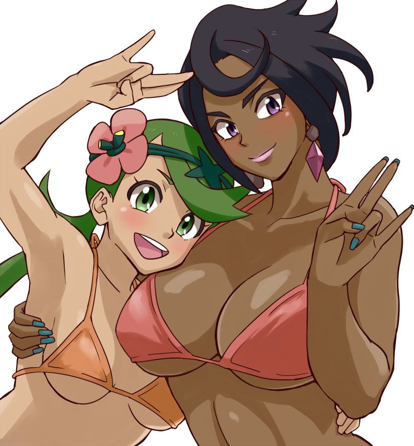 2girls :d age_difference arm arm_up armpits arms_up art bangs bare_arms bare_shoulders bikini bikini_top black_hair blue_nails blush bra breasts cleavage closed_mouth collarbone dark_skin diamond diamond_(shape) earrings elite_four female fingernails flower flower_on_head green_eyes green_hair hair_flower hair_ornament hand_gesture hand_on_another's_back happy head_on_chest head_tilt hug island_kahuna jewelry large_breasts lavender_lipstick lips lipstick long_hair looking_at_viewer low_twintails lychee_(pokemon) makeup mallow mallow_(pokemon) mao_(pokemon) medium_breasts multiple_girls mutual_yuri nail_polish nakaba neck nintendo olivia olivia_(pokemon) open_mouth orange_bikini orange_bra orange_swimsuit pink_bikini pink_bra pink_lipstick pink_swimsuit pokemon pokemon_(game) pokemon_sm purple_eyes red_bikini red_swimsuit short_hair simple_background smile swept_bangs swimsuit trial_captain underboob underwear upper_body white_background yuri