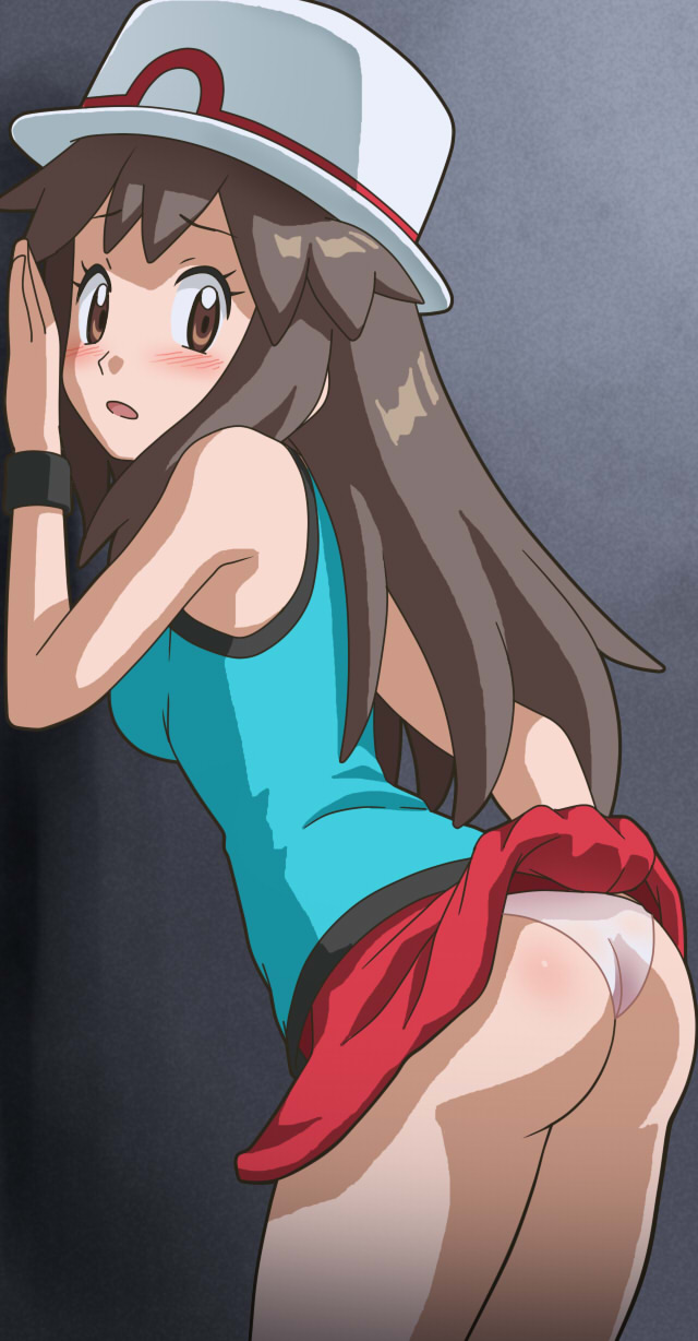 1girl against_wall ass awa bare_shoulders blue_(pokemon) blush brown_eyes brown_hair from_side hat highres long_hair looking_at_viewer open_mouth panties pokemon pokemon_(game) pokemon_frlg red_skirt skirt skirt_lift solo underwear