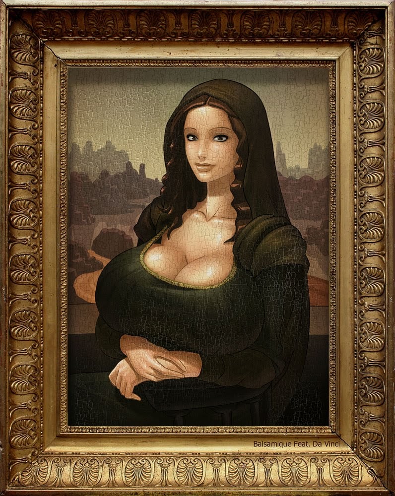 1girl balsamique cleavage huge_breasts looking_at_viewer mona_lisa picture_frame