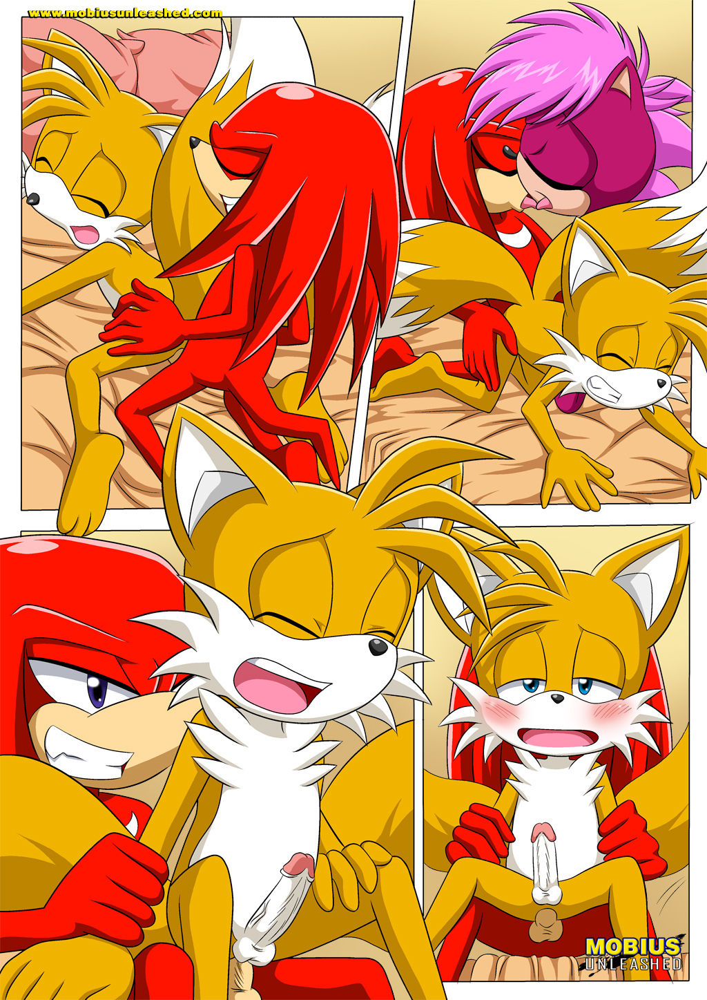all_fours anal bbmbbf bed bisexual blush comic doggy_position french_kiss kissing knuckles_the_echidna miles_"tails"_prower mobius_unleashed multiple_tails nude one_drink_too_many palcomix penis reverse_cowgirl_position sega sonia_the_hedgehog sonic_(series) sonic_the_hedgehog_(series) sonic_underground tail wince yaoi