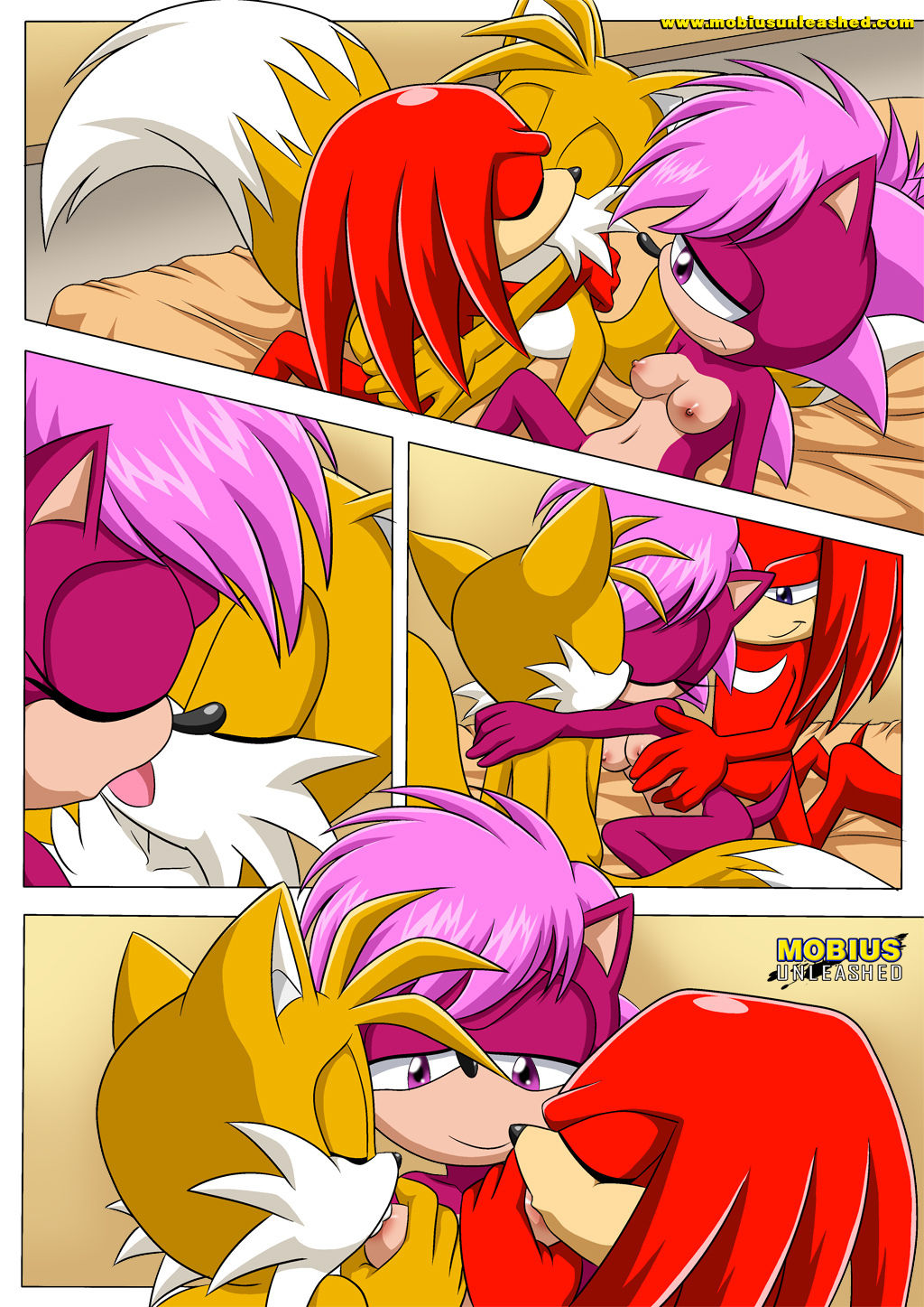 bbmbbf bed bisexual breast_sucking breasts comic hugging kissing knuckles_the_echidna miles_"tails"_prower mobius_unleashed multiple_tails nude one_drink_too_many palcomix sega smile sonia_the_hedgehog sonic_(series) sonic_the_hedgehog_(series) sonic_underground tail threesome