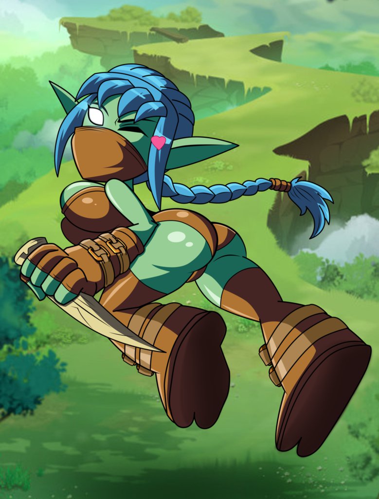 1girl ass blue_hair breasts clothing daggers elf empty_eyes female female_only green_skin grimphantom hair heart humanoid not_furry one_eye_closed ponytail skylanders solo stealth_elf tight_clothing wink