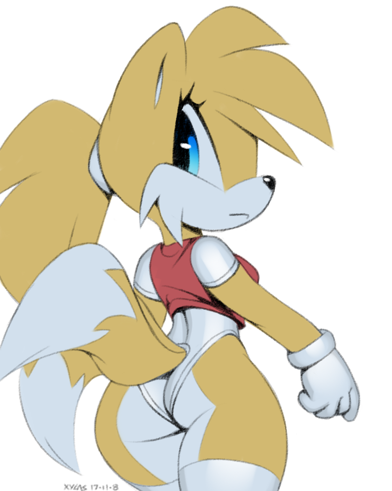 1girl 2_tails anthro ass bangs black_nose blue_eyes canid canine clothing dipstick_tail eyelashes fluffy_tail fox fur genderswap gloves hair handwear legwear leotard looking_back mammal miles_"tails"_prower millie_tailsko multicolored_tail multiple_tails ponytail rear_view shirt sonic_the_hedgehog_(series) stockings tail tank_top tied_hair topwear xylas yellow_body yellow_fur