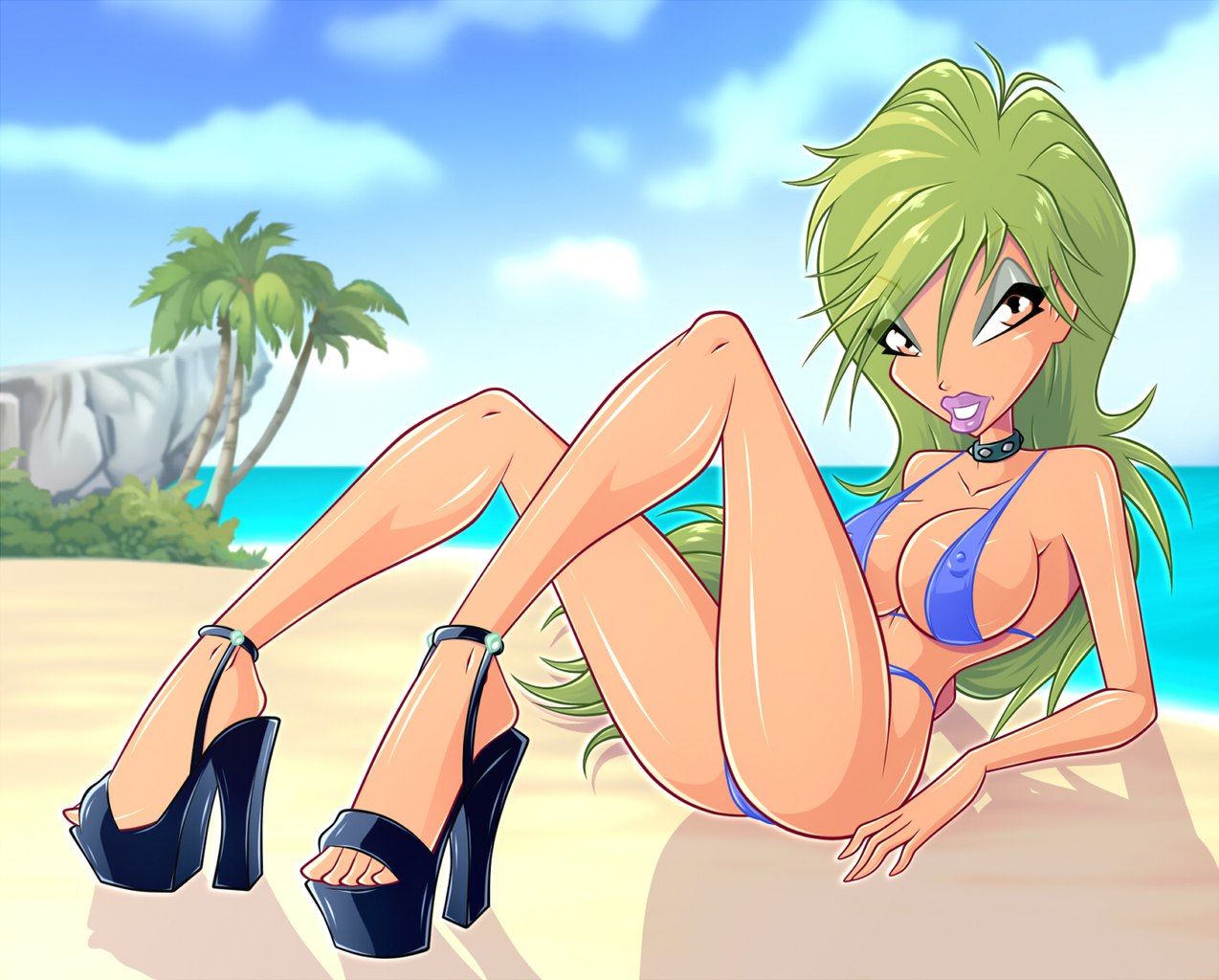 beach bikini breasts green_hair high_heels ocean outside palm_tree platform_heels selina_(winx_club) winx_club zfive zfive_(artist)