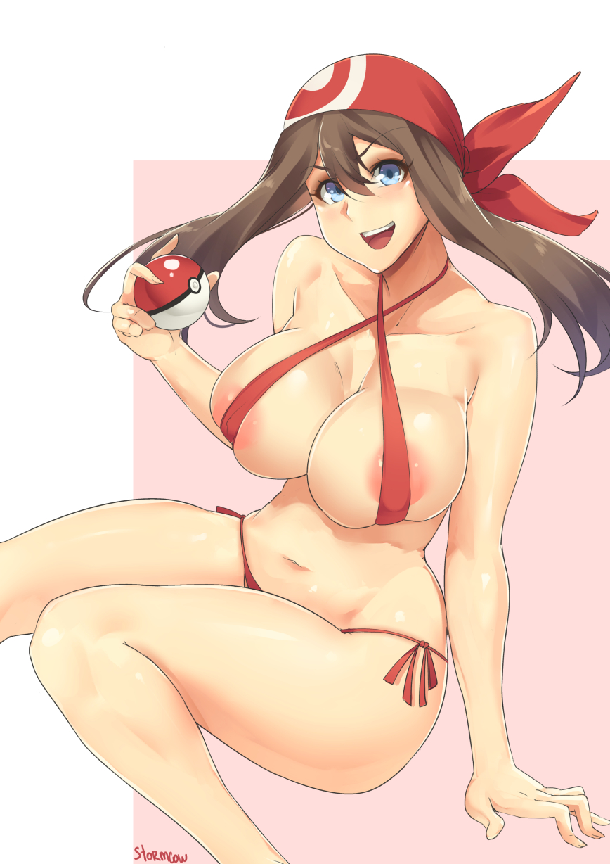 1girl alluring areola_slip areolae artist_name bikini blue_eyes breasts brown_hair cleavage gloves haruka_(pokemon) highres holding_poke_ball large_breasts long_hair looking_at_viewer may multicolored multicolored_clothes multicolored_gloves poke_ball pokemon pokemon_(game) pokemon_rse red_bikini smile solo stormcow swimsuit thighs