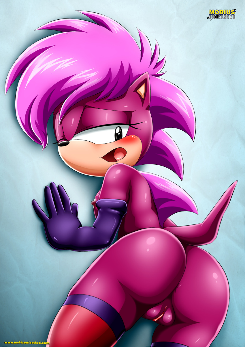 1girl against_the_wall ass bbmbbf blush elbow_gloves looking_back mobius_unleashed nude one_eye_closed palcomix pink_fur presenting pussy sega sonia_the_hedgehog sonic_(series) sonic_the_hedgehog_(series) sonic_underground
