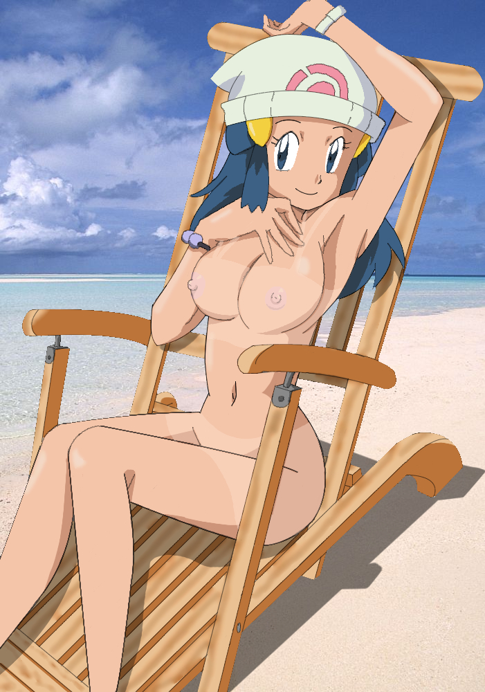 alluring ass beach big_ass big_breasts bracelet breasts chair dawn hikari_(pokemon) looking_at_viewer nude ocean pokemon sand smile tan tan_line water