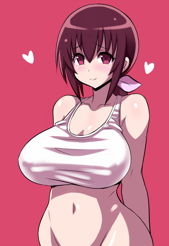 &lt;3 1girl bare_arms bare_shoulders blush bottomless breasts brown_hair cleavage closed_mouth collarbone commentary_request covered_nipples groin hair_ribbon heart hoshizora_ikuyo konno_tohiro large_breasts long_hair looking_at_viewer low_ponytail mature navel out-of-frame_censoring pink_background pink_ribbon precure purple_eyes ribbon sidelocks smile smile_precure smile_precure! solo sports_bra stomach twitter