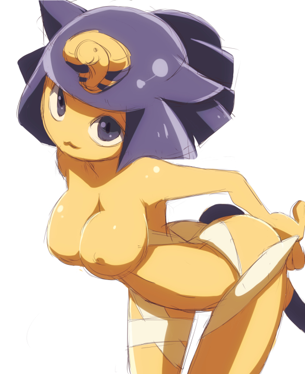 1girl :3 animal_crossing ankha ankha_(animal_crossing) anthro armpits ass bandage bangs bent_over black_eyes breasts cat clothed clothing digital_media_(artwork) egyptian feline fur furry hands_behind_back kemono looking_at_viewer mammal nintendo nipples noseless nude simple_background standing tomeka_jun topless video_games white_background yellow_fur