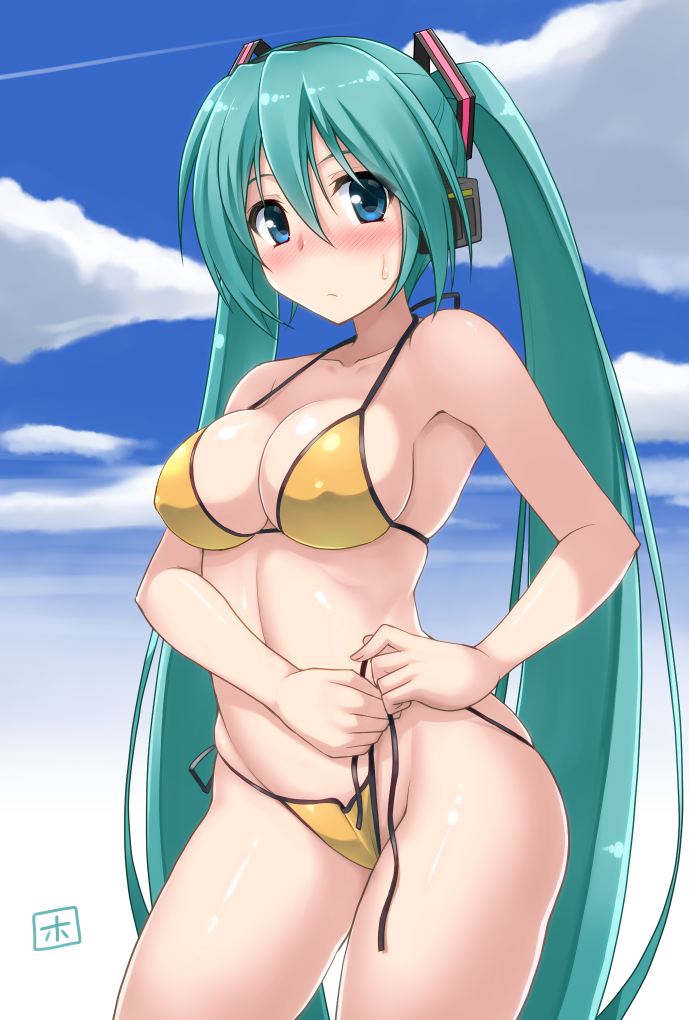 1girl adjusting_clothes adjusting_swimsuit armpits big_breasts bikini blue_eyes blush breasts cleavage cloud covered_nipples day daytime green_hair hatsune_miku headphones hormone_koijirou large_breasts long_hair micro_bikini miku_hatsune nose_blush shiny shiny_skin side-tie_bikini skindentation sky solo strap_gap swimsuit twin_tails tying untied very_long_hair vocaloid