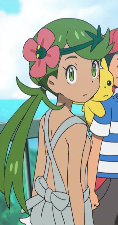 anime ash_ketchum dark-skinned_female dark_skin flower green_eyes green_hair hair_flower looking_to_the_side mallow mallow_(pokemon) mao_(pokemon) naked_apron naked_overalls no_bra no_shirt overalls pikachu pokemon pokemon_(anime) pokemon_sm satoshi_(pokemon) twin_tails twitter