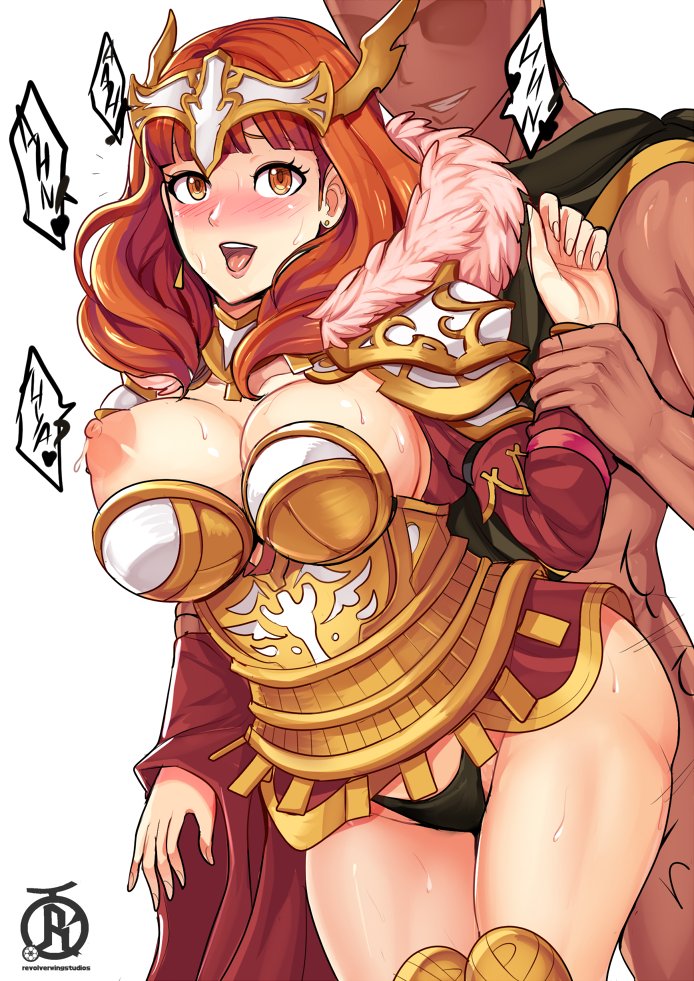 1boy 1girl alternate_version_available ambiguous_penetration blush breasts_outside celica celica_(fire_emblem) clothed dark-skinned_male earrings fire_emblem fire_emblem_echoes:_mou_hitori_no_eiyuuou fire_emblem_heroes panties red_hair revolverwingstudios sound_effects sweat