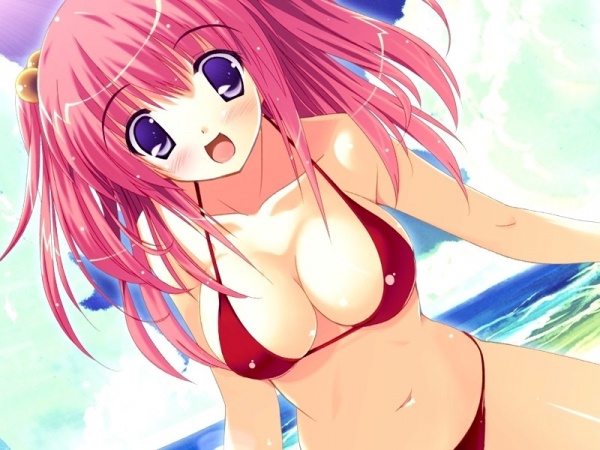 :d big_breasts bikini breasts character_request cute happy looking_at_viewer medium_breasts pink_hair red_bikini series_request smile