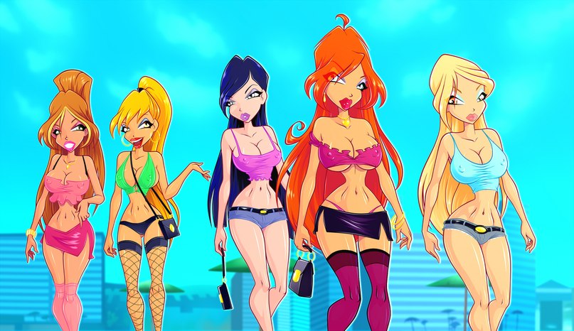 5girls blonde_hair bloom_(winx_club) breasts clothed daphne_(winx_club) female_only flora_(winx_club) musa_(winx_club) outside panties red_hair revealing_clothes sluts stella_(winx_club) stockings winx_club yellow_eyes zfive