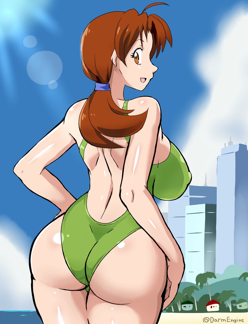 1_girl 1girl ass beach big_ass big_breasts darm_engine delia_ketchum female female_human female_only green_swimsuit hanako_(pokemon) human looking_at_viewer mostly_nude one-piece_swimsuit outdoor outside pokemon solo standing swimsuit