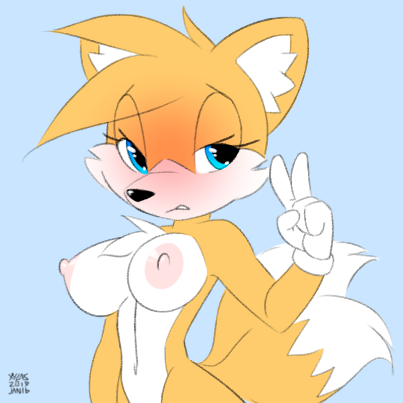 1:1_aspect_ratio 1girl 1girl 2_tails anthro blue_eyes breasts canid canine colorization exposed fox fur genderswap gloves handwear lighting looking_at_side mammal miles_"tails"_prower millie_tailsko multicolored_fur multiple_tails nipples nude orange_fur simple_background sonic_the_hedgehog_(series) tail two-tone_fur white_fur xylas