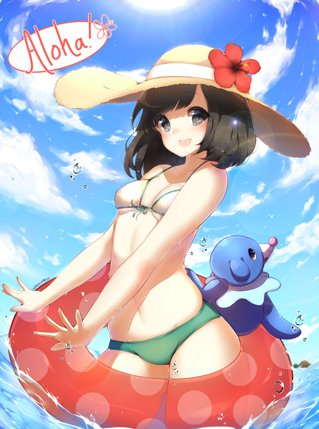 1girl :d artist_name bangs bare_shoulders bikini black_eyes black_hair blue_sky blush breasts bubble cleavage cloud cloudy_sky day english eyebrows_visible_through_hair floral_print flower front-tie_bikini front-tie_top green_panties hat hat_flower hibiscus highres innertube looking_at_viewer moon_(pokemon) moon_(trainer) navel ocean open_mouth panties partially_submerged pokemon pokemon_(game) pokemon_sm polka_dot popplio rainbow short_hair sky small_breasts smile solo sparkle speech_bubble straw_hat sun sunlight swimsuit teeth text thighs underboob underwear water weeniedesu