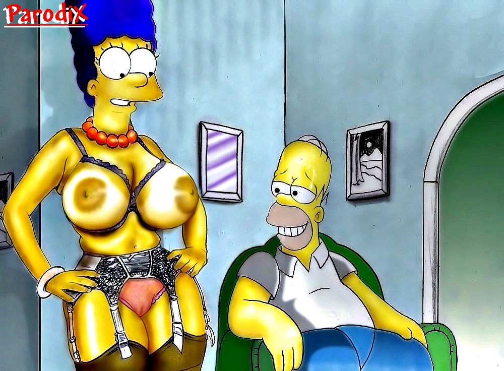 big_breasts big_nipples breasts homer_simpson marge_simpson panties parodix shaved_pussy stockings the_simpsons