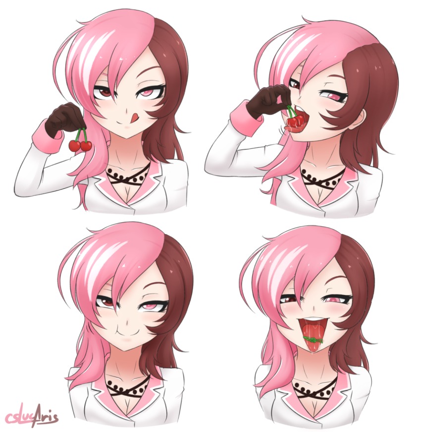 1girl breasts cherry_(fruit) cslucaris eating food fruit neo_(rwby) rwby sexually_suggestive smile sole