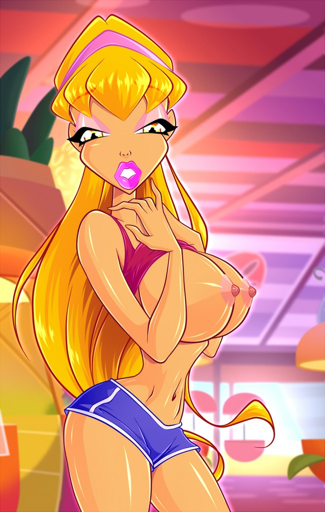 1girl blonde_hair breasts clothed exposed_breasts female_only looking_at_viewer shorts stella winx_club zfive