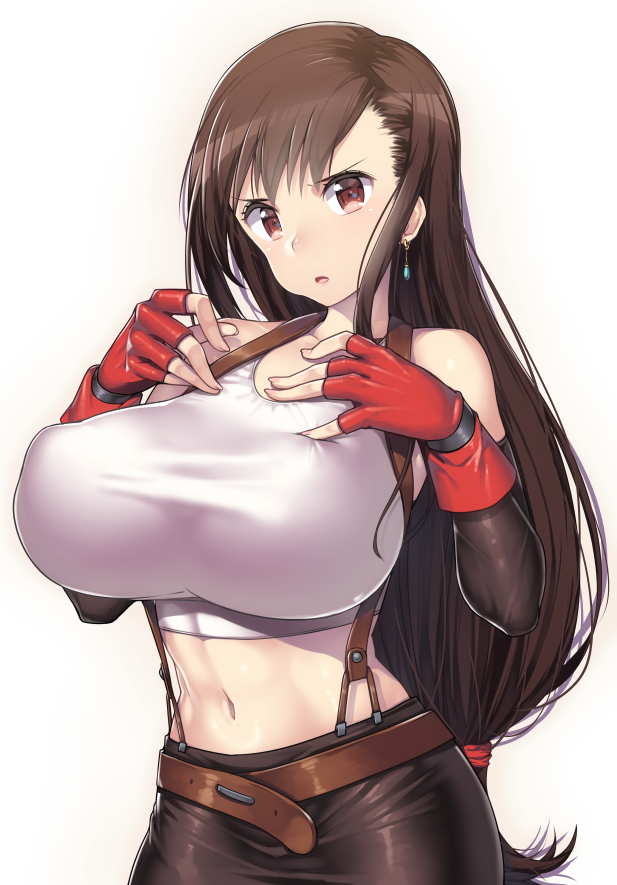 1girl 1girl 1girl bare_shoulders big_breasts breasts brown_eyes clothed clothed_female crop_top female_focus female_only final_fantasy final_fantasy_vii huge_breasts long_hair looking_at_viewer miniskirt nagase_haruhito nipples puffy_nipples skirt solo_female solo_focus suspender_skirt suspenders tagme tank_top tifa_lockhart video_game_character video_game_franchise