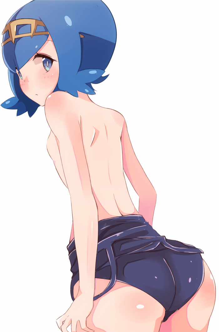 1girl ass back bare_back bare_shoulders blue_eyes blue_hair blush breasts closed_mouth enelis from_behind hair_ornament hips lana looking_at_viewer looking_back pokemon pokemon_(game) pokemon_sm short_hair simple_background small_breasts solo suiren_(pokemon) swimsuit trial_captain undressing white_background