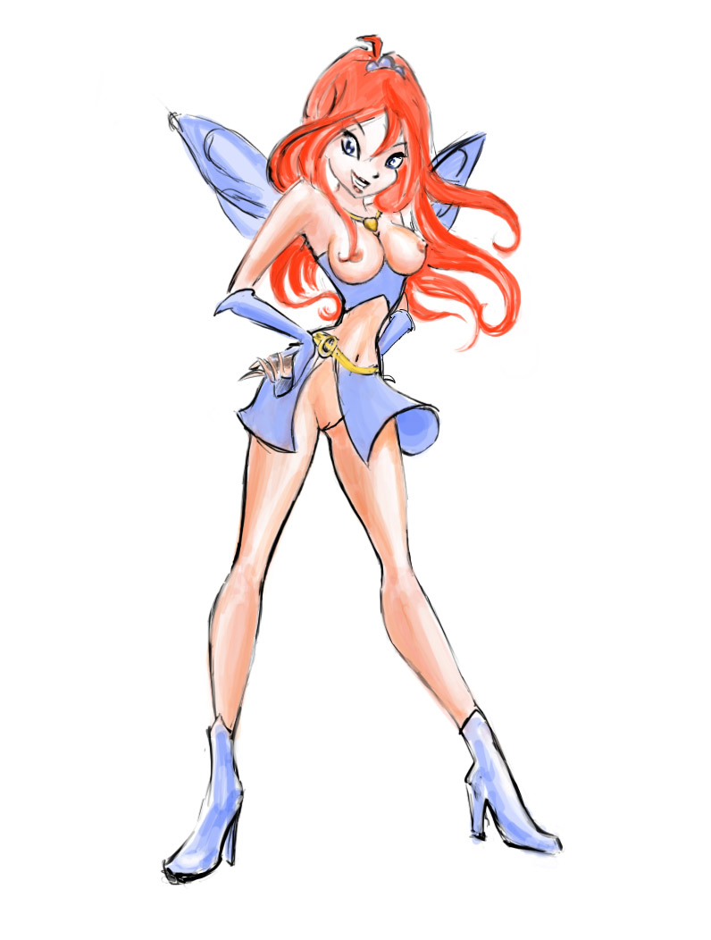 bloom blue_eyes boots breasts clothed exposed_breasts pussy red_hair skirt skirt_lift wings winx_club