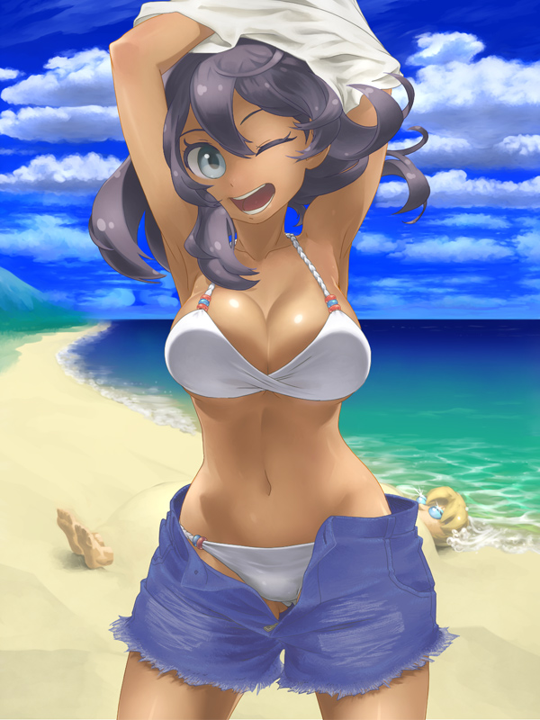 1boy 1girl armpits beach bikini black_hair blonde_hair bra breasts buried cleavage clothes_removed cloud cloudy_sky cutoffs dark_skin day dexio_(pokemon) glasses natto_soup navel ocean open_clothes open_fly open_shorts outdoors pants_removed pokemon pokemon_(game) pokemon_sm pokemon_xy shirt_lift short_hair shorts sina sina_(pokemon) sky swimsuit swimsuit_under_clothes tan underwear undressing white_bikini