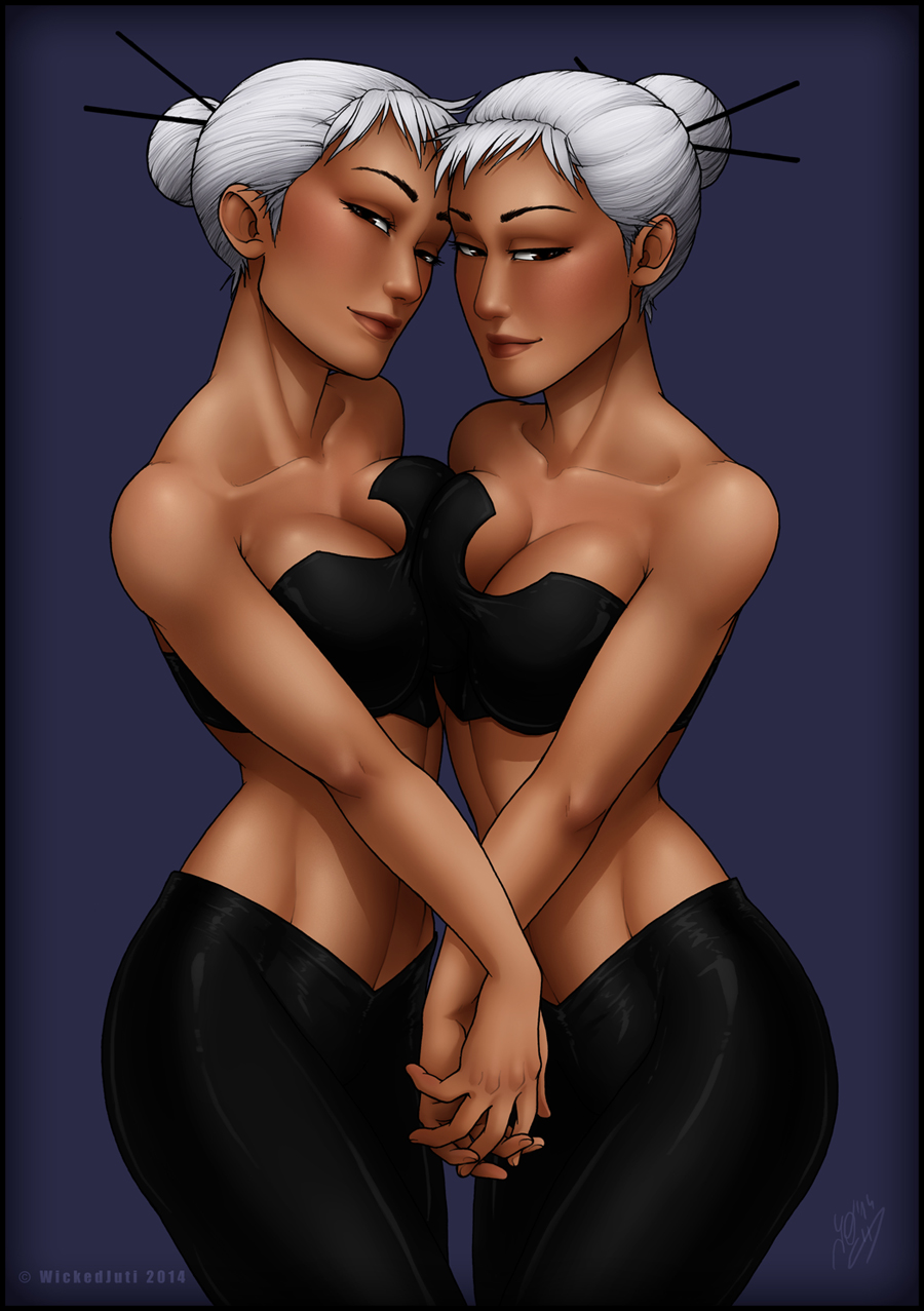2_girls 2girls art babe babe_(james_bond) bare_arms bare_shoulders bella_(james_bond) big_breasts breasts collarbone female_only hand_holding incest interlocked_fingers multiple_girls mutual_yuri pants short_hair siblings sisters smile strapless tubetop twincest white_hair wickedj yuri
