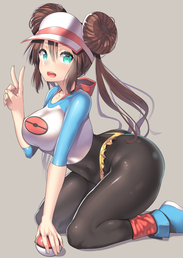 1girl adapted_costume arched_back ass blush breasts brown_hair covered_navel crop_top double_bun hair_bun hat highleg hips holding holding_poke_ball impossible_clothes impossible_shirt kneeling large_breasts looking_at_viewer mei_(pokemon) microskirt nagase_haruhito open_mouth pantyhose poke_ball pokemon pokemon_(game) pokemon_bw2 rosa shirt shoes simple_background skirt sneakers solo thick_thighs thighs twintails v visor_cap white_background wide_hips