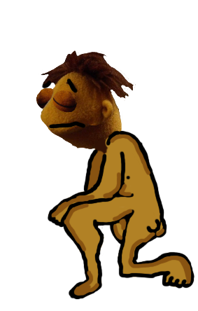 1boy 4_toes ass bare_feet brown_hair closed_eyes disney frown hand_on_knee kneeling male male_only muppets nipples nude sad sitting tan_skin transparent_background walter_(muppets)
