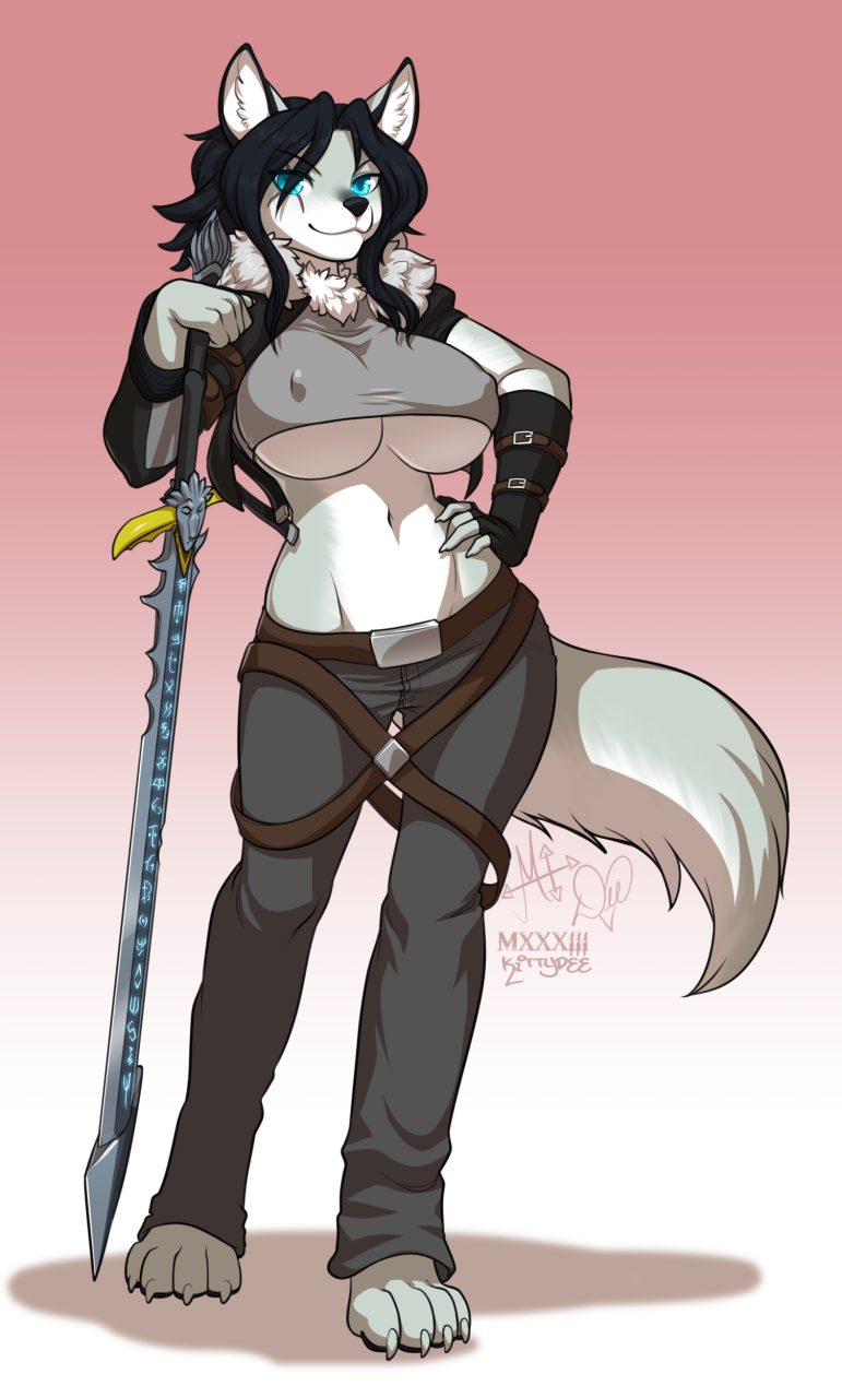 1girl anthro big_breasts breasts canine clothed clothing furry kittydee looking_at_viewer mammal melee_weapon nipple_bulge original smile standing sword underboob weapon wide_hips xenon_(xenon-the-wolf)