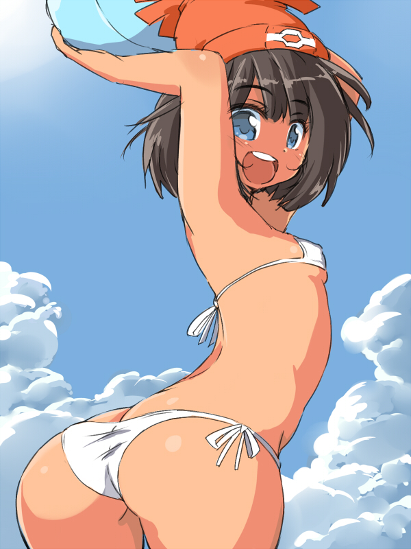 10s 1girl :d armpits ass bare_arms bare_shoulders beanie bikini black_hair blue_eyes blue_sky breasts brown_hair butt_crack cloud day eyebrows_visible_through_hair female looking_at_viewer looking_back moon_(pokemon) moon_(trainer) naitou_kouse nintendo open_mouth outdoors pokemon pokemon_(game) pokemon_sm short_hair side-tie_bikini sky small_breasts smile solo standing swimsuit teeth thighs three-quarter_view volleyball white_bikini
