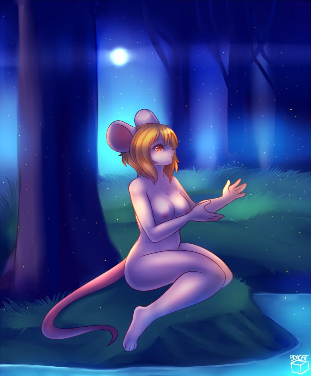 1girl 1girl anthro areola blonde_hair box-cat breasts forest fur furry hair high_res lake lynn_white mammal moon mouse nude rodent sitting smile star tree