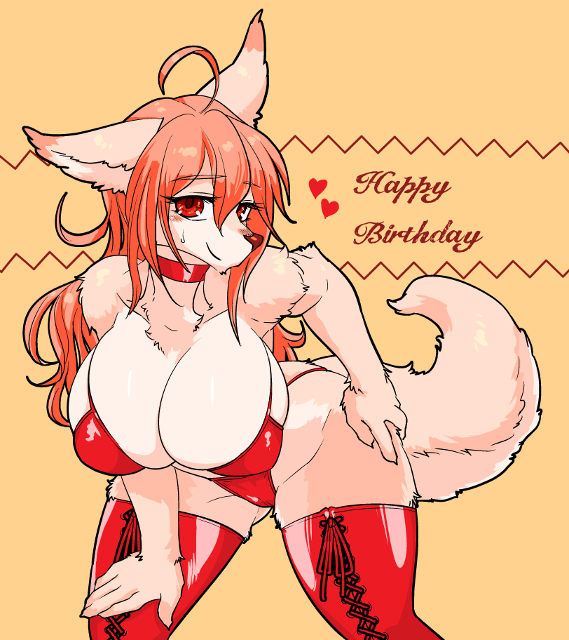 &lt;3 1girl 1girl ahoge anthro big_breasts blush breasts canine cleavage clothed clothing eyebrows eyelashes furry hair hand_on_hip hand_on_thigh happy_birthday huge_breasts kazuhiro kemono legwear lingerie long_hair looking_at_viewer mammal orange_hair pinup pose red_eyes smile stockings thick_thighs tight_clothing wide_hips