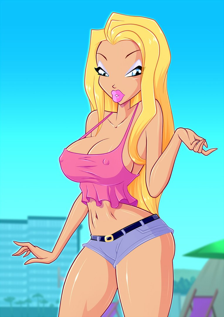 1girl belly belt big_breasts big_lips blonde_hair blue_eyes breasts busty cleavage covered_breasts covered_nipples erect_nipples eyeshadow female female_only hips hotpants hourglass_figure kelly_(winx_club) legs lips lipstick long_hair makeup midriff navel nickelodeon nipple_bulge nipples solo solo_female thighs voluptuous winx_club zfive