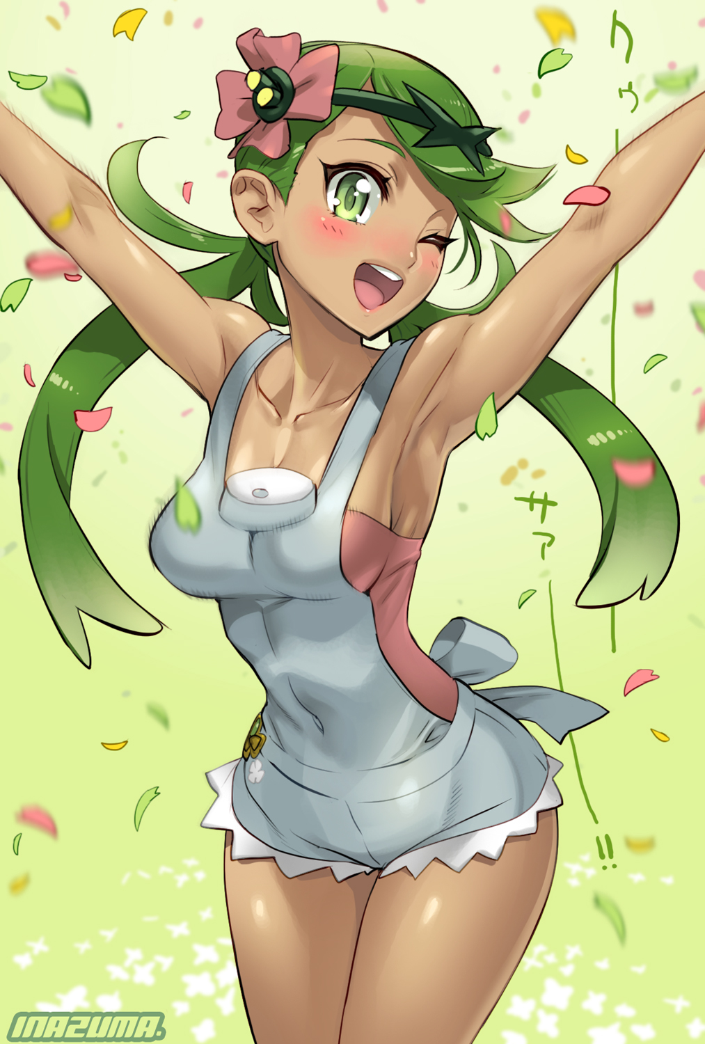 1_female 1_girl 1_human ;d apron armpits arms_up artist_name bangs bare_shoulders blush breasts cleavage clothed collarbone covered_navel dark_skin female female_human female_only flower flower_on_head green_eyes green_hair hair hair_ornament happy human human_only long_hair mallow mallow_(pokemon) mao_(pokemon) medium_breasts one_eye_closed open_mouth out-of-frame_legs petals pink_shirt pokemon pokemon_(game) pokemon_sm ribbon satou_shouji shirt sideboob sleeveless sleeveless_shirt smile solo standing swept_bangs teeth text thighs trial_captain twintails twitter wink