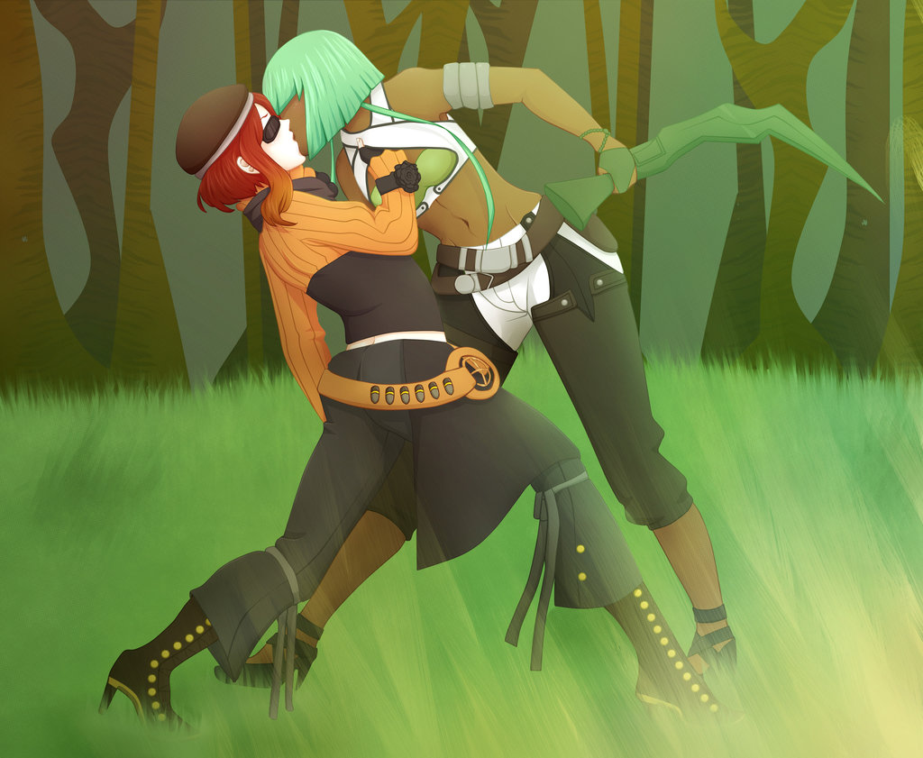 2_girls art babe brown_hair coco_adel dark_skin emerald_sustrai forest full_body grass green_hair holding holding_weapon interracial jcthedawn_(artist) kissing love midriff multiple_girls navel outside rwby standing sunglasses tree weapon yuri