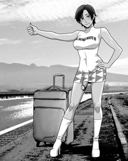 1girl brunette futa futanari hitchhiker hitchhiking monochrome penis