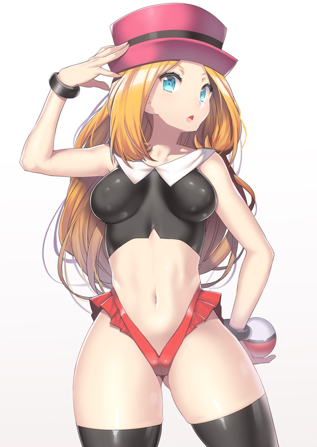1girl adapted_costume alluring black_thighhighs blonde_hair blue_eyes breasts cameltoe gluteal_fold hat highleg highleg_panties impossible_clothes impossible_shirt long_hair looking_at_viewer medium_breasts microskirt midriff nagase_haruhito navel poke_ball pokemon pokemon_(game) pokemon_xy serena_(pokemon) simple_background skin_tight skindentation skirt solo standing thighhighs thighs white_background