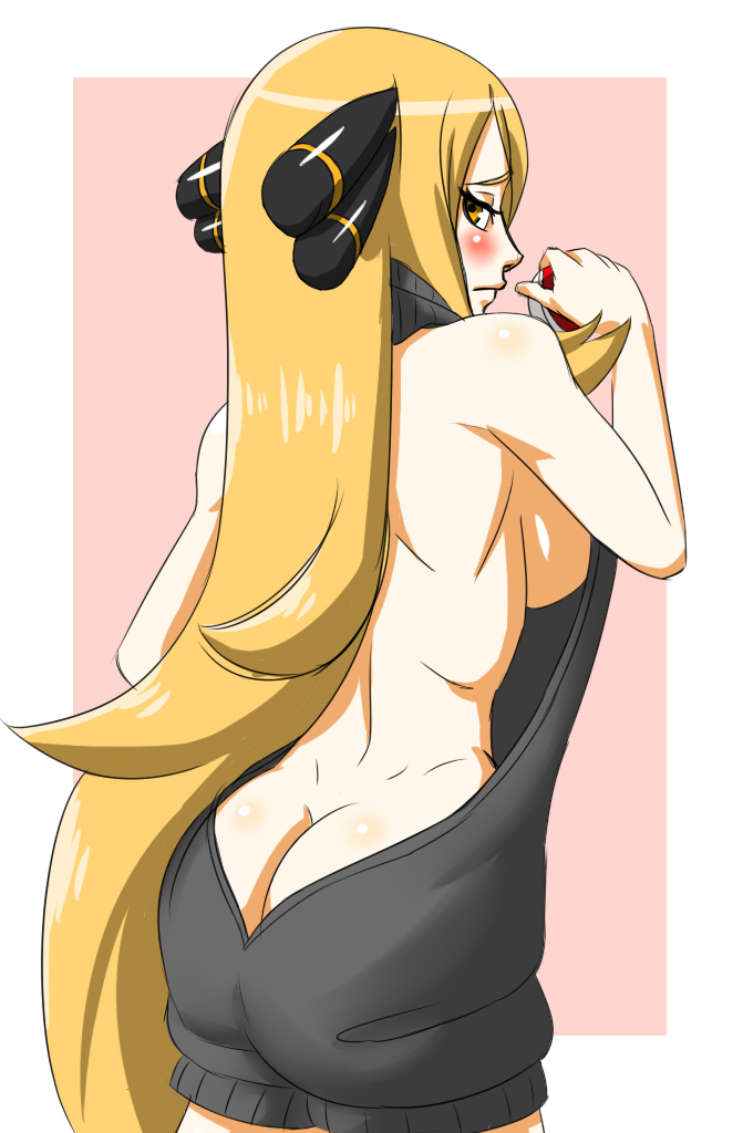 ass ass_crack backless_outfit bare_back blonde_hair blush butt_crack creatures_(company) cynthia_(pokemon) game_freak hair_over_one_eye hentai-foundry holding_poke_ball huge_breasts humans_of_pokemon long_hair looking_at_viewer looking_back looking_over_shoulder naked_sweater nintendo no_bra no_panties poke_ball pokemon pokemon_(anime) pokemon_(game) pokemon_black_2_&amp;_white_2 pokemon_black_and_white pokemon_bw pokemon_bw2 pokemon_diamond_pearl_&amp;_platinum pokemon_dppt pokemon_sm ribbed_sweater shirona_(pokemon) sideboob sweater vdia_(artist) virgin_killer_sweater