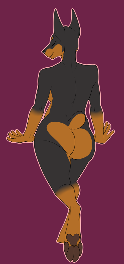 1girl 1girl anthro ass big_ass breasts brooke butt_pose canine closed_eyes doberman dog furry gbg low_res mammal nude pregoo rear_view simple_background slightly_chubby smile standing